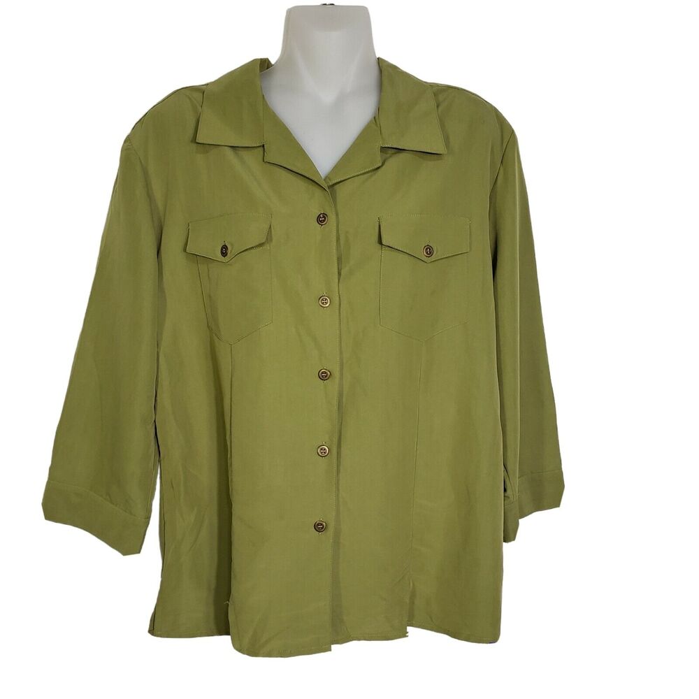 Apparenza Womens Top Large Green Button Front 3/4 Sleeve Pockets Shoulder Pads